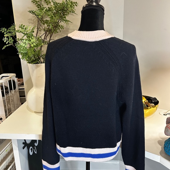 Rag & Bone 100% Extra Fine Merino Wool Navy Sweater with Light Pink Trim - Picture 5 of 8